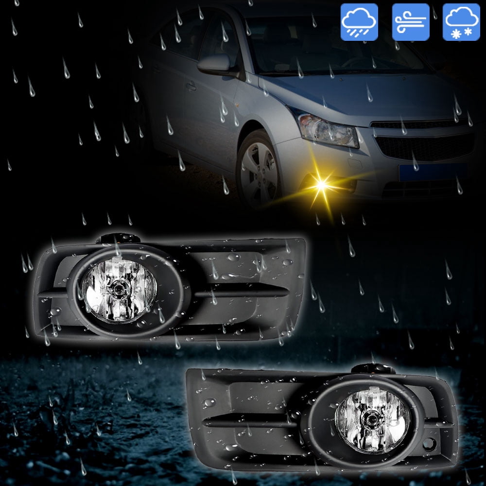Fog Lights Assembly Replacement for 2010-2014 Chevy Cruze Clear Lens with Bulbs + Bezel Front Driving Fog Light Left+Right Side (Passenger & Driver Side)