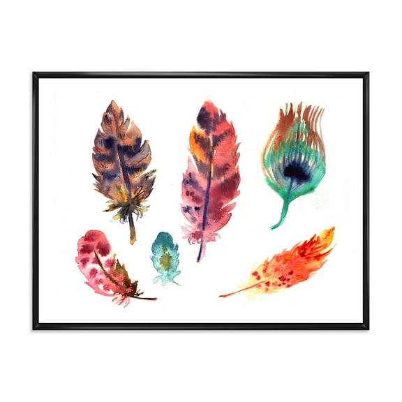Designart 'Colourful Boho Art Feather Set II' Bohemian & Eclectic Framed Canvas Wall Art Print