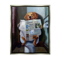 Stupell Industries Dog Reading the Newspaper On Toilet Funny Painting Luster Gray Framed Floating Canvas Wall Art, 24x30, by Lucia Heffernan