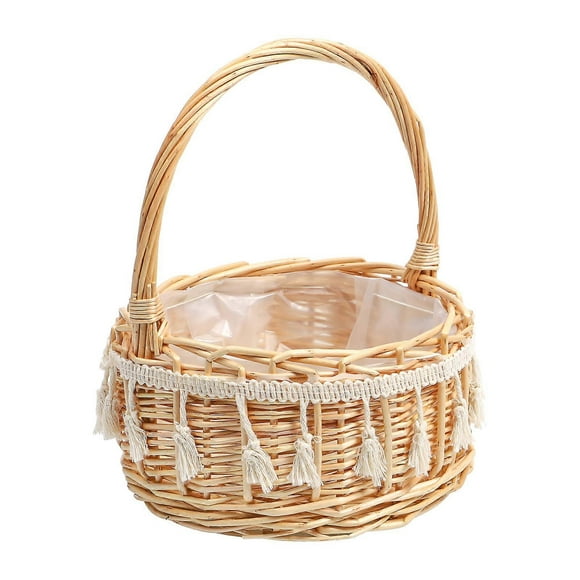 1pc Rattan Woven Basket Bride Flower Basket Wedding Handheld Basket Flower Girl Decorative Basket