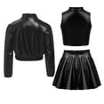 thumbnail image 2 of TiaoBug Girls Jazz Hip Hop Dance Outfits 3Pcs Tracksuit Shiny Metallic Crop Tops with Bomber Jacket and Skirt Set Black 16, 2 of 3