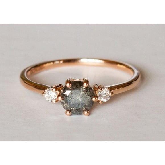 Three Stones Salt and Pepper & Moissanite Diamond Engagement Wedding Ring Grey Diamond Solitaire Halloween Christmas Gift Ring