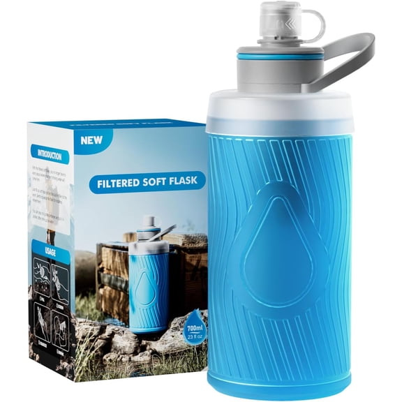 Purewell Collapsible Filtered Water Bottle, 0.01μm BPA-Free Silicone Squeeze Water Purifier Bottle for Hiking, Backpacking, Camping & Survival(blue)