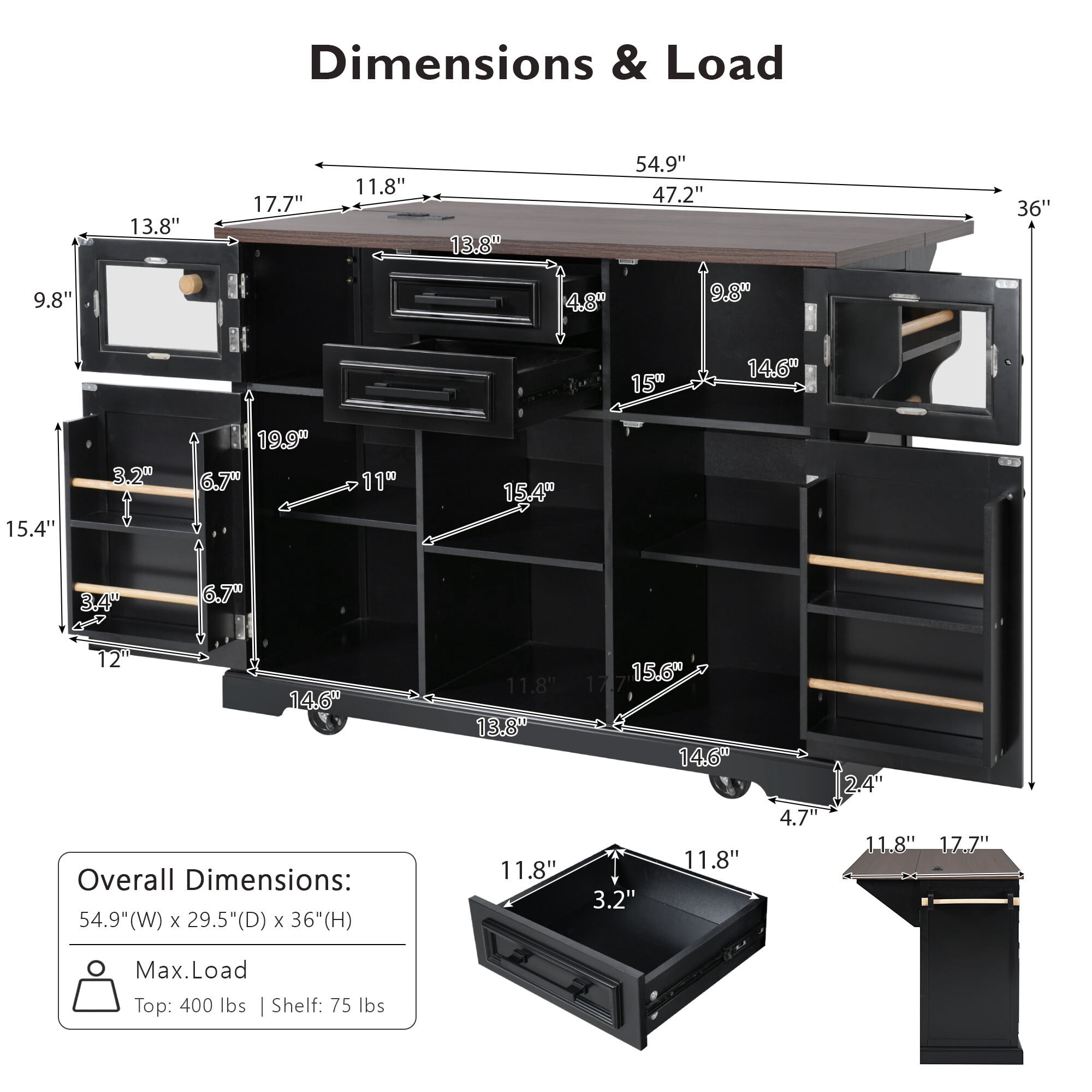 AENKYO 54.9'' Farmhouse Kitchen Island Cart with Drop Leaf, Charging Station, Adjustable Shelves, and Lockable Wheels, Black