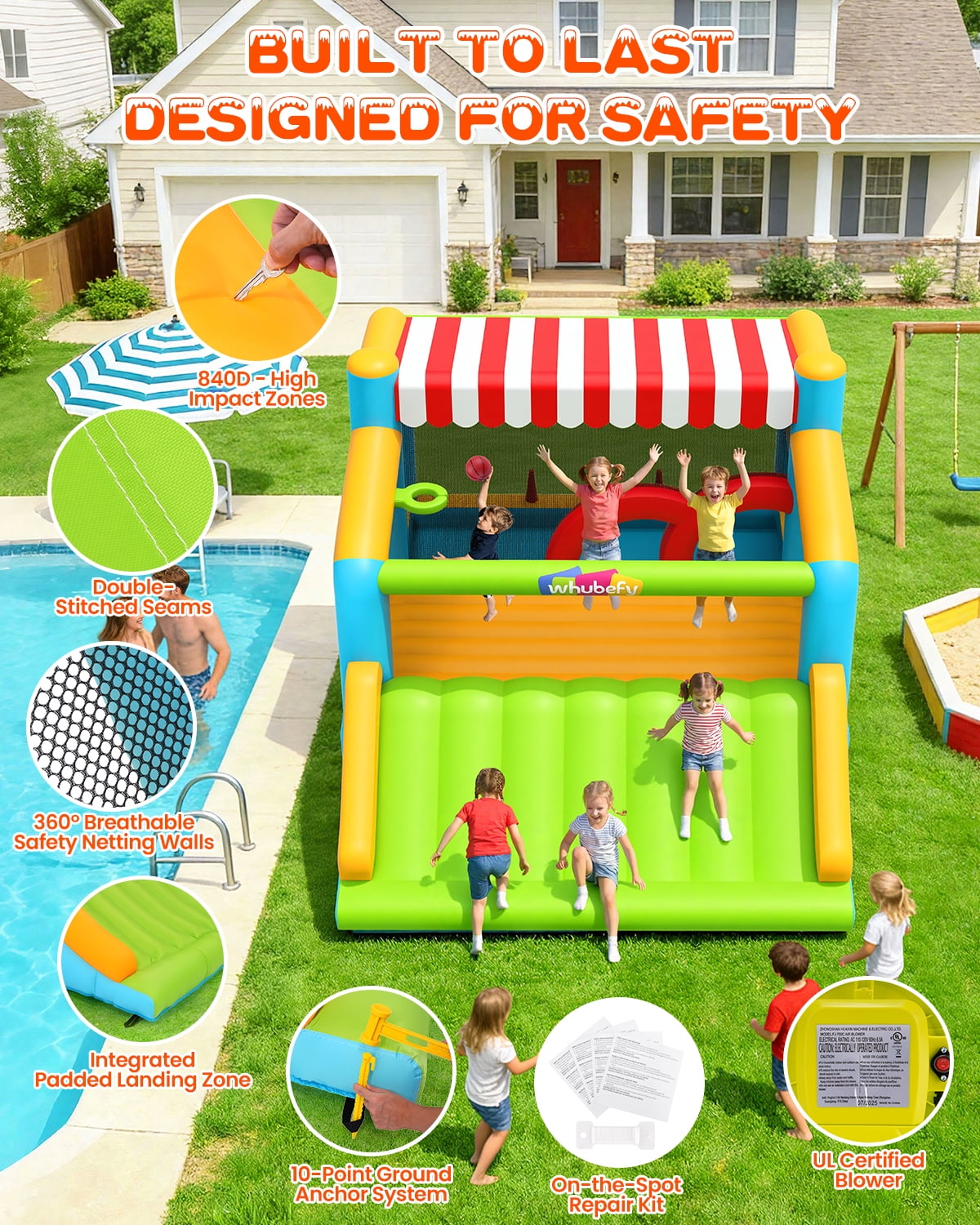 Veeboto Inflatable Bounce House 9-in-1 Multi-Functional, Water Slide with Ball Pool, Darts, Ring Toss, Punching Bag, and Obstacle Course, Indoor/Outdoor Kids Bouncy Castle Includes Blower