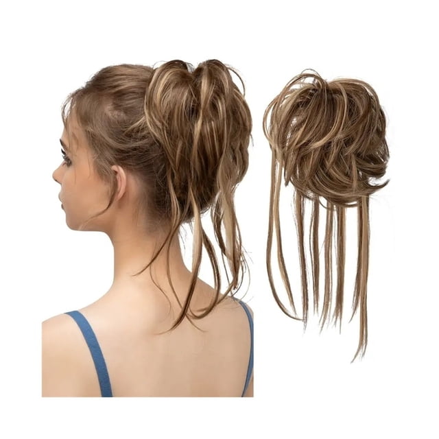 Chignon en Désordre Pièce de Cheveux Ondulée Extensions de Chignon avec Queues Droites Queue de Cheval Synthétique
