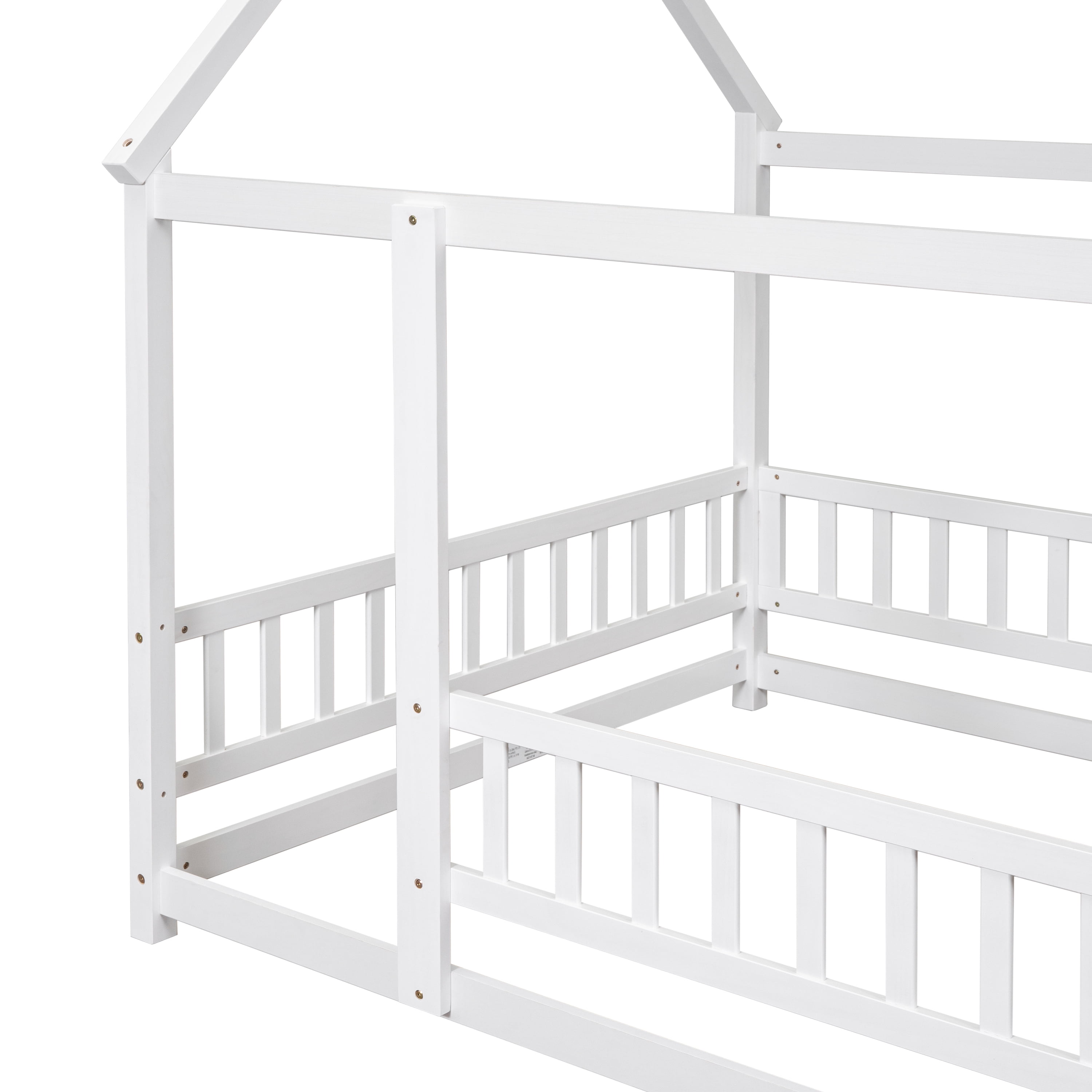 Miniyam Full Size Toddler Bed , Wood Floor House Bed with Rail for Kids, White