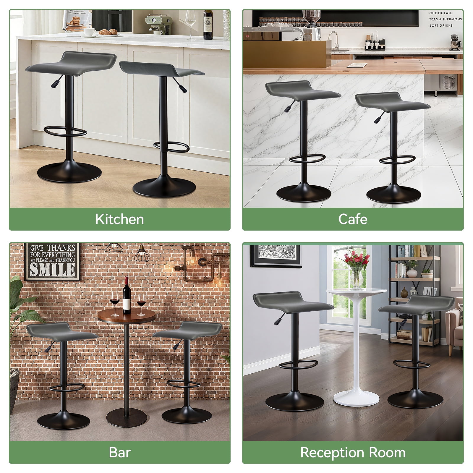 Backless Bar Stools Set of 2, 360° Swivel Adjustable Height PU Leather Bar Chairs, Modern Simple Counter Stools for Kitchen Island, Dining, Bar or Café Use (Gray)