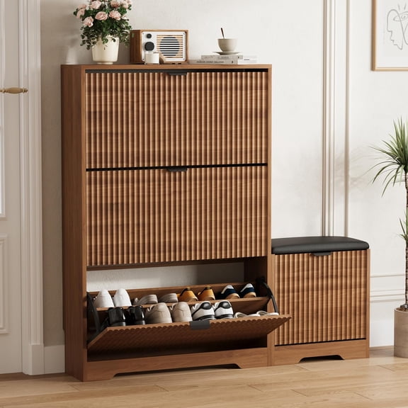 FANRAL Shoe Cabinet with Bench & 3 Flip Drawers,Fluted Shoe Storage Cabinet Rack Organizer with Adjustable Shelves for Entryway,Closet,Hallway,Walnut