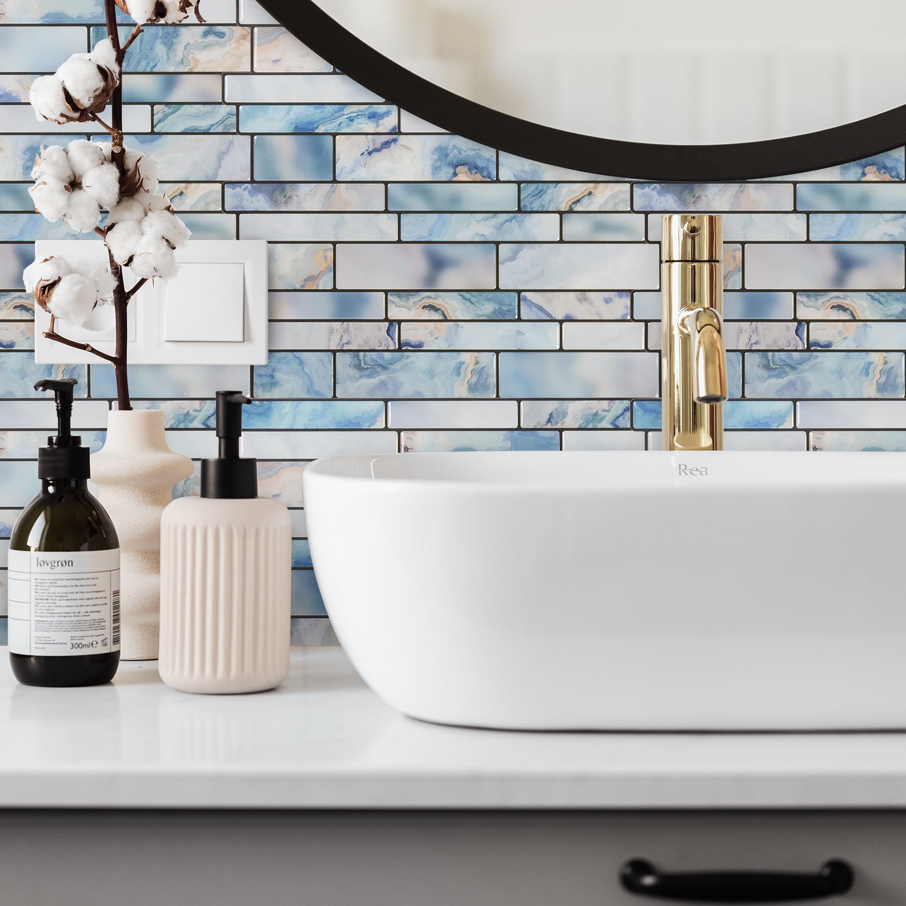 10-Sheet Peel and Stick Backsplash Subway Tile, 12"x12" Blue Marble Stone Design Self Adhesive Wall Tiles for Kitchen Bathroom