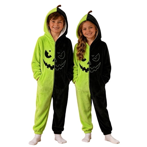 Weebloom Halloween Kids Pumpkin Hooded Onesie Pajamas Funny Flannel Romper For Cozy One Piece Role Play Outfit Pjs Loungewear For Boys Girls Green 4-5 Years