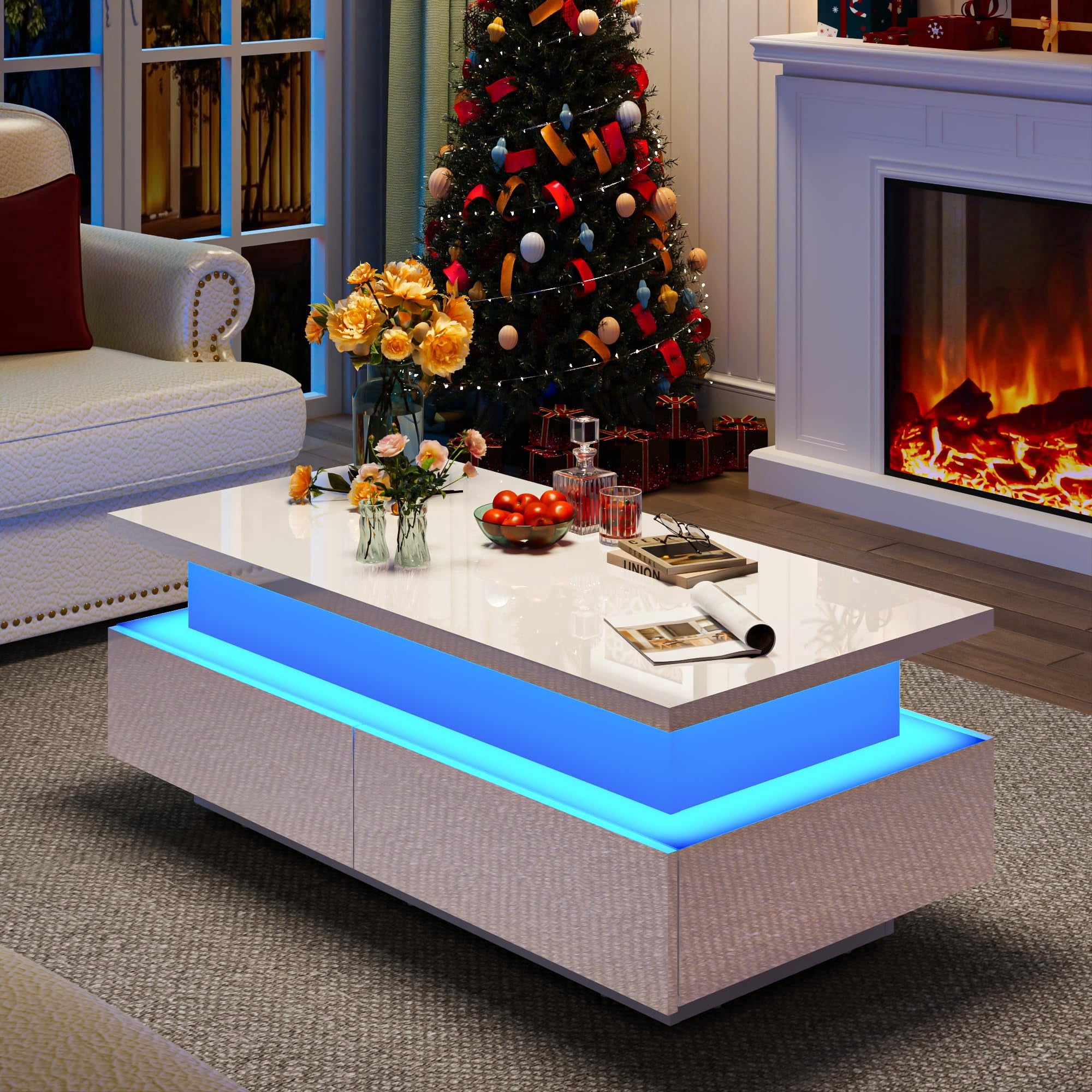 ANPOO 43.3" High-Glossy LED Coffee Table with 2 Sliding Drawers, Lift top Storage Coffee Table with Power Outlet and LED Lights for Living Room, Modern Stylish Double-Layer Center Tables, White