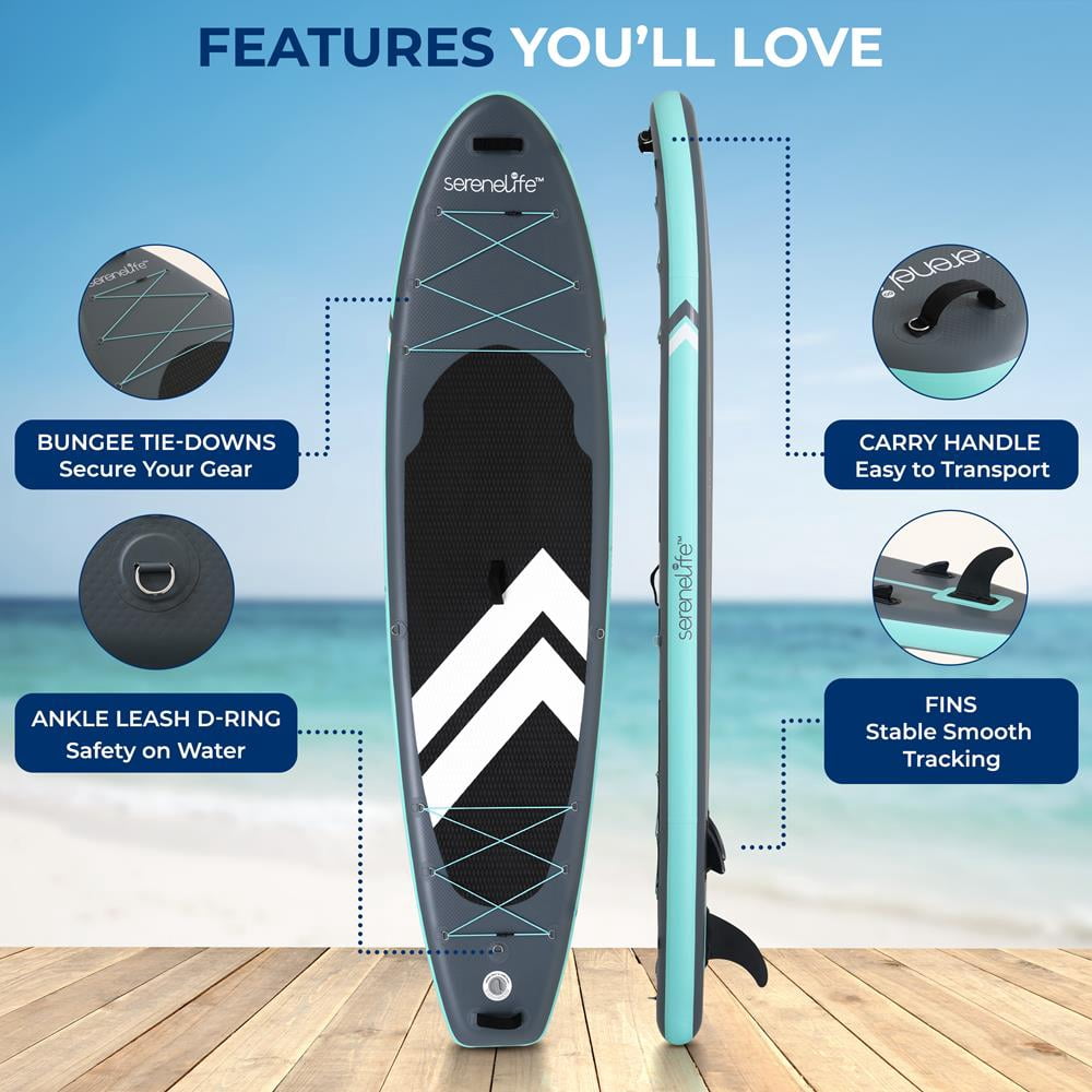 SereneLife 11 Inflatable Stand Up Paddle Board with Premium SUP Accessories - 32 Wide Stable Design with Non-Slip EVA Deck Pad for Youth and Adults, 350 lbs. Capacity