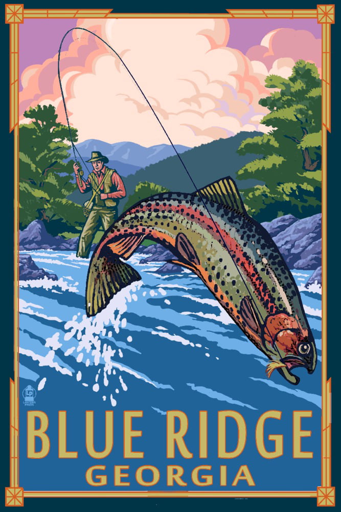 Blue Ridge, Georgia, Angler Fly Fishing Scene (Leaping Trout