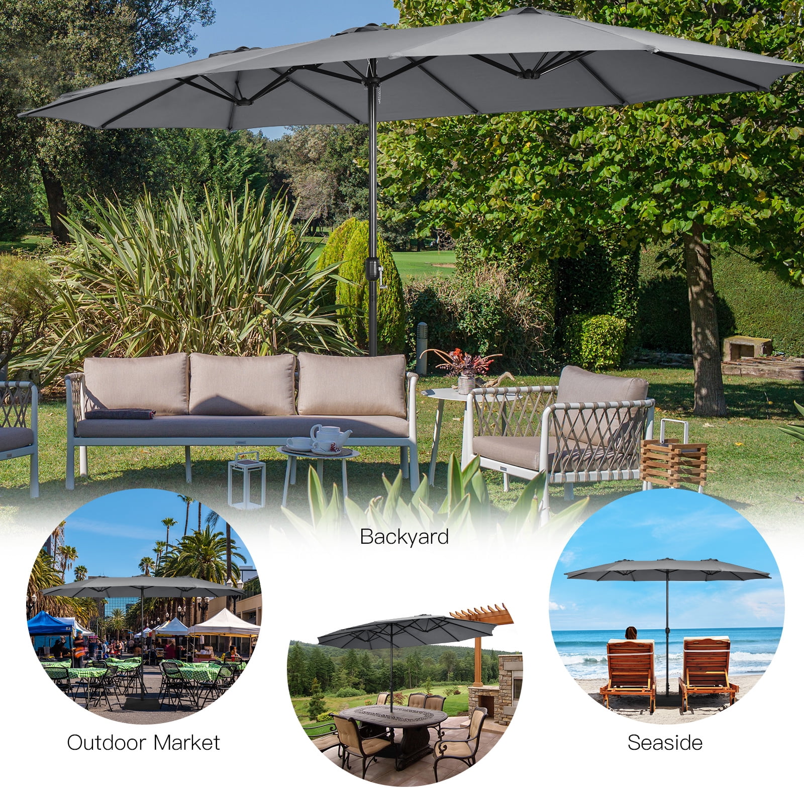 Patiojoy 15FT Double-Sided Twin Patio Umbrella with Base Extra-Large Market Umbrella for Outdoor Gray