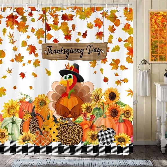Thanksgiving Turkey Shower Curtain, Rustic Pumpkin Fall Leaves Buffalo Check Plaid Harvest Shower Curtain for Bathroom Decor, Sunflower Autumn Farmhouse Bath Accessories with Hooks,70X72IN