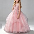 thumbnail image 2 of Girls Sleeveless Lace Tulle Flower Dress, Floor Length Layered Princess Ball Gown with Beading, Elegant formal Outfit for Wedding, Birthday Party, Pageant & Kids Photoshoot Events Pink 9-10Years, 2 of 6