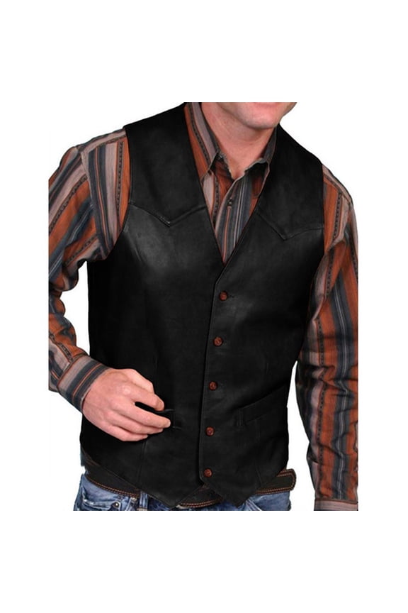 Men's Western Cowboy Style Genuine Leather Vests Retro Distressed Waistcoat Slim Fit Biker Vests with Snap-Up Front Two Front Welt Pockets Black XL
