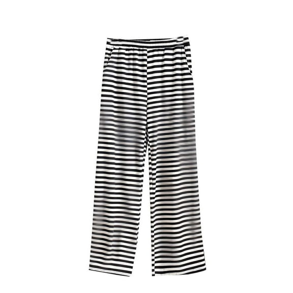 Pajama Bottoms Women Striped Print Elastic Waist Wide Leg Pants Women’s Plus Casual Loose Long Pants with Pockets Loungewear