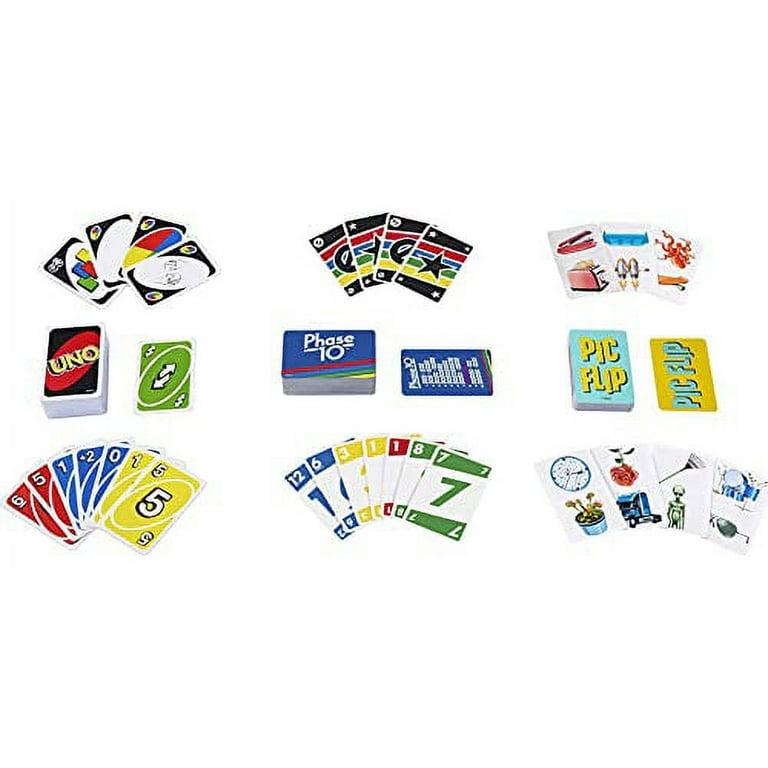 Uno, Phase 10 and Pic Flip Bundle Tin, 3 Mattel Card Games for Players 7 Year Olds & Up, Decorative Storage Tin, Gift for Kid, Family & Adult