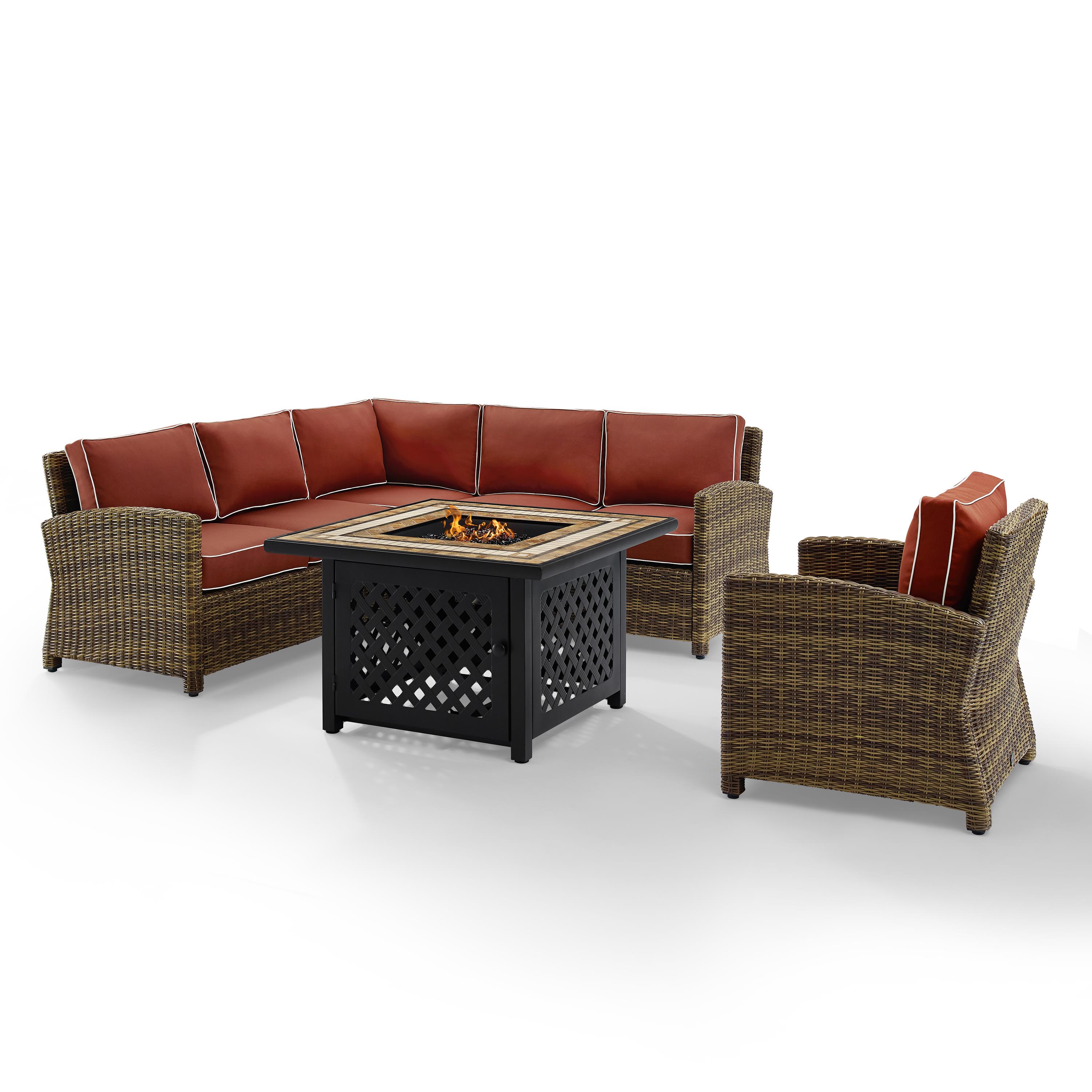 Bradenton 5Pc Outdoor Wicker Sectional Set W/Fire Table Weathered Brown/Sangria - Right Corner Loveseat, Left Corner Loveseat, Corner Chair, Armchair, & Tucson Fire Table - image 2 of 9