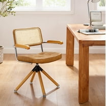 Art Leon Mid Century Accent Desk Chair No Wheel,PU Leather Rattan Back with Beech Wood Legs,Brown