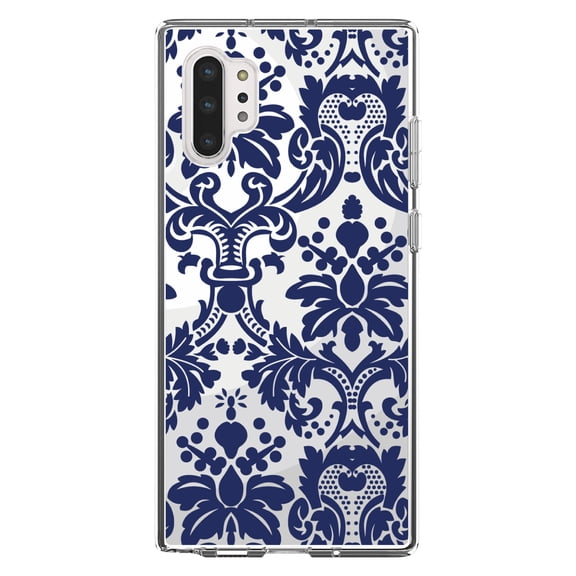 DistinctInk Clear Shockproof Hybrid Case for Galaxy Note 10 PLUS (6.8" Screen) - TPU Bumper, Acrylic Back, Tempered Glass Screen Protector - Blue Grey Damask