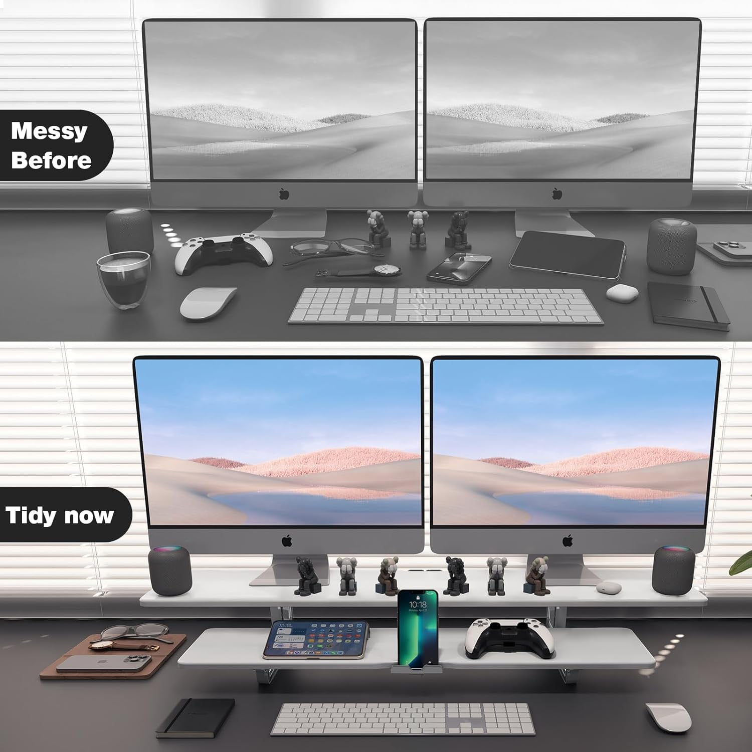 Dual Monitor Stand, 2-Tier Wood Monitor Riser with Storage Organizer and  Management for Home Office Desk, White