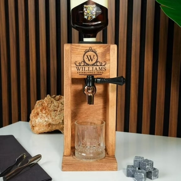 Handmade Personalized Liquor Dispenser with Single Tap - Engraved Solid Pine Wood Whiskey Stand