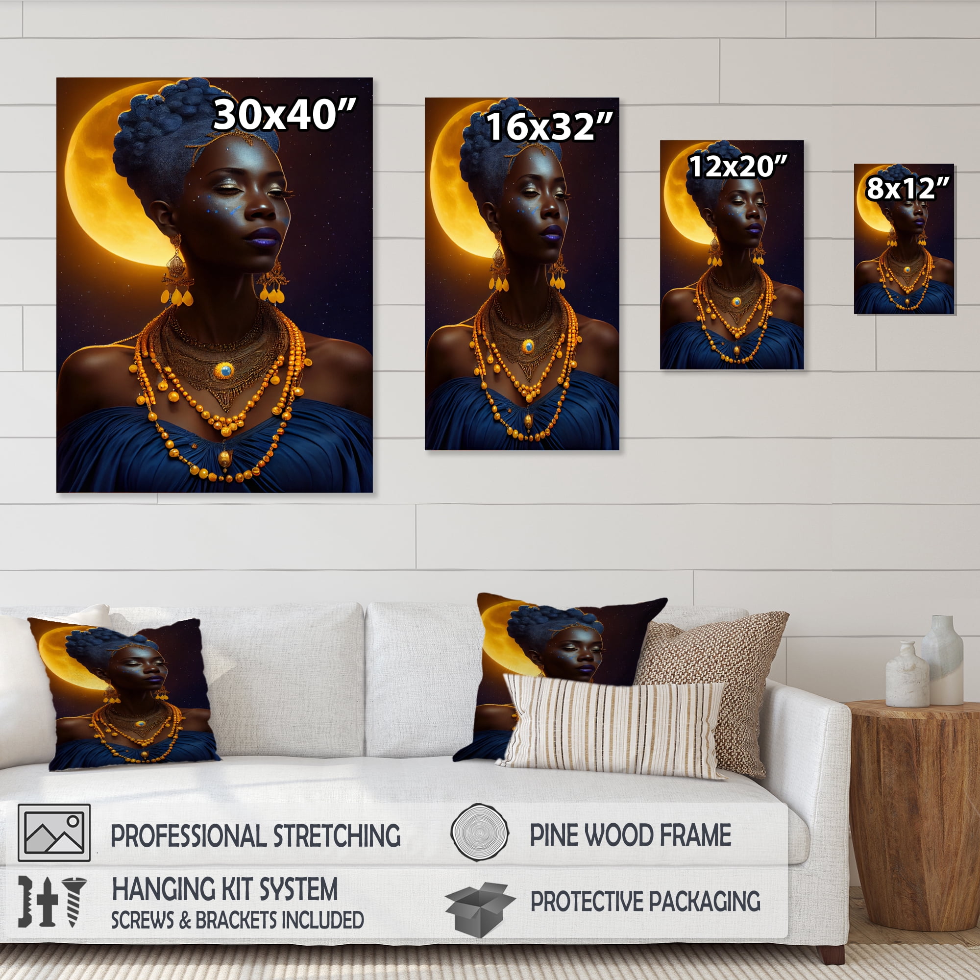 Designart Blue Queen African Woman Under Moon II Canvas Wall Art