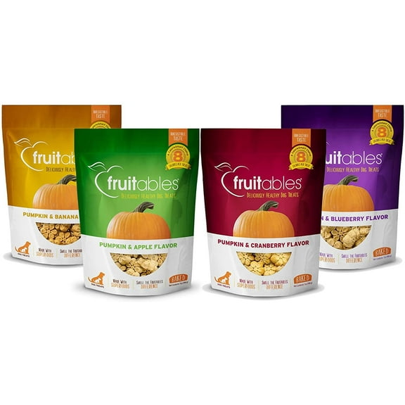 Fruitables Baked Dog Treats Variety 4 Pack - 1 Pumpkin & Apple - 1 Pumpkin & Banana - 1 Pumpkin & Blueberry - 1 Pumpkin & Cranberry - 7 oz Each
