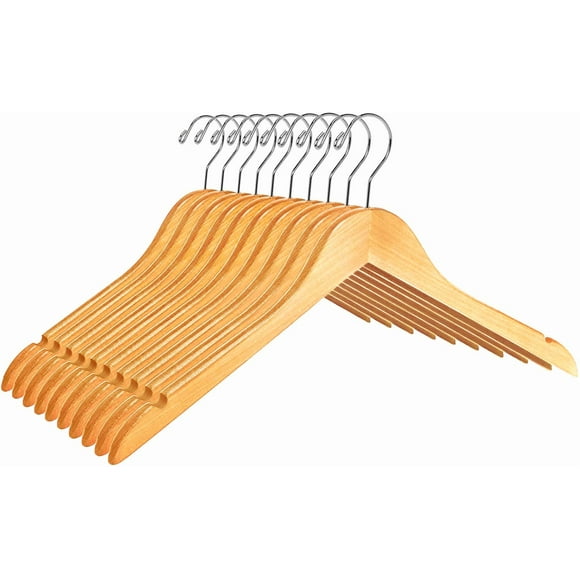 Quality Semi Curved Wooden Suit Hangers, 10-Pack Smooth Finish Solid Wood Coat Hanger with Swivel Hook, Jacket, Pant, Dress Clothes Hangers (Natural, 10)