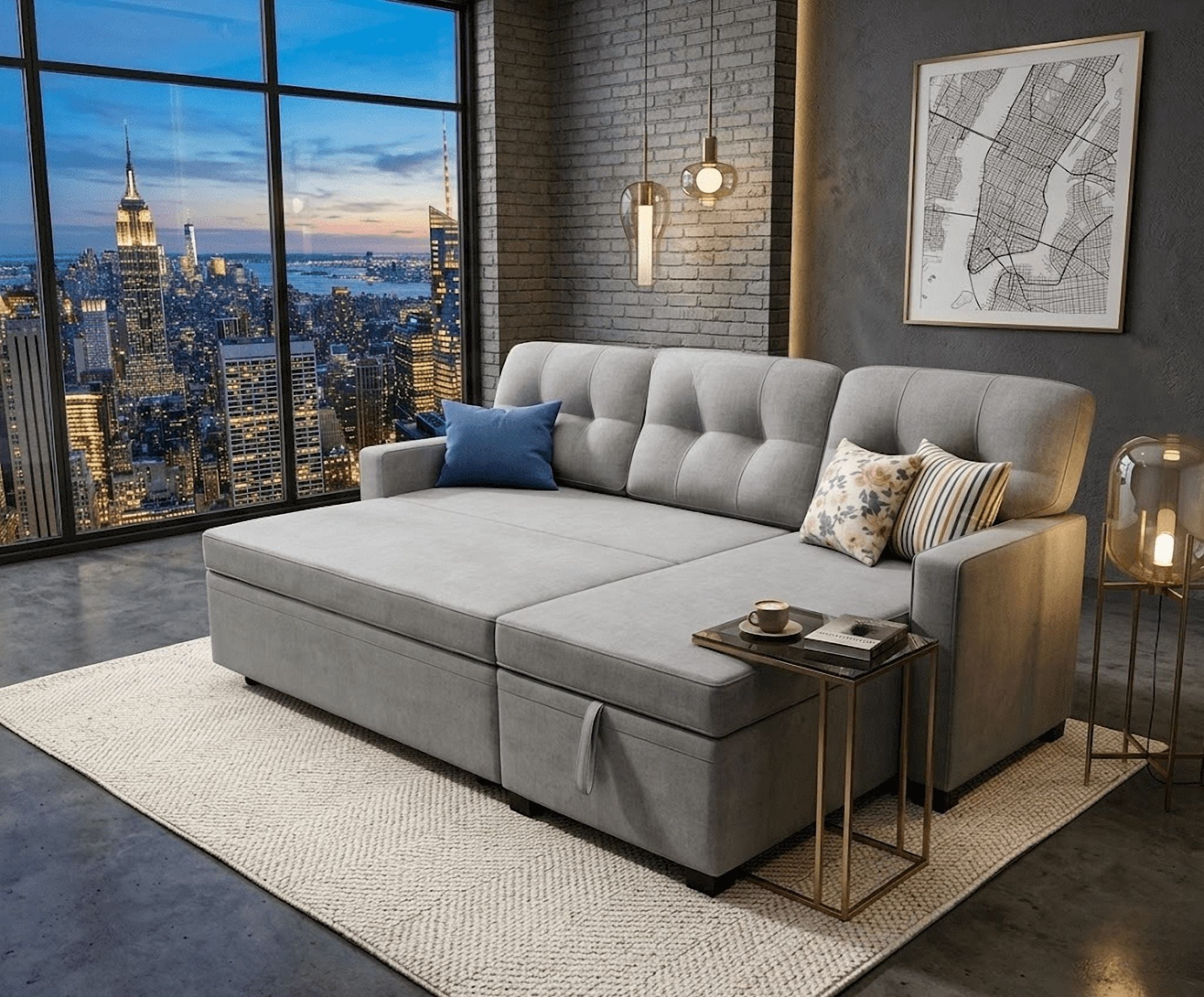 Howcool 82" Sectional Sofa Bed, L-Shaped Sleeper Pull Out Couch with Storage Chaise & USB Charging Ports, Linen Fabric for Small Apartment Living Room, Light Grey(Thick Sponge)