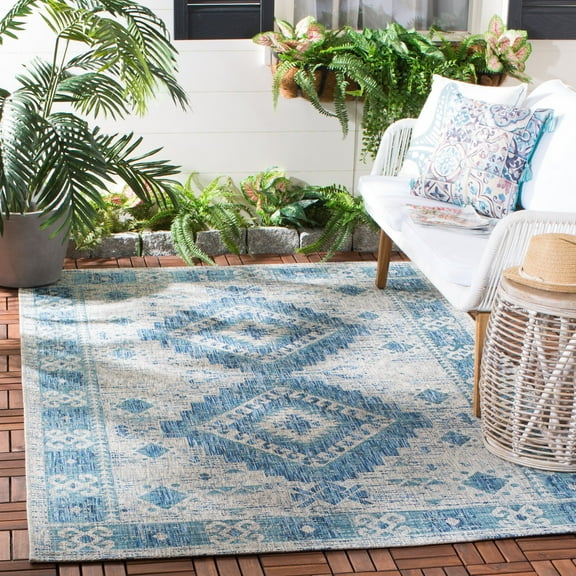 SAFAVIEH Courtyard Davin Aztec Indoor/Outdoor Area Rug, 5'3" x 7'7", Light Grey/Blue