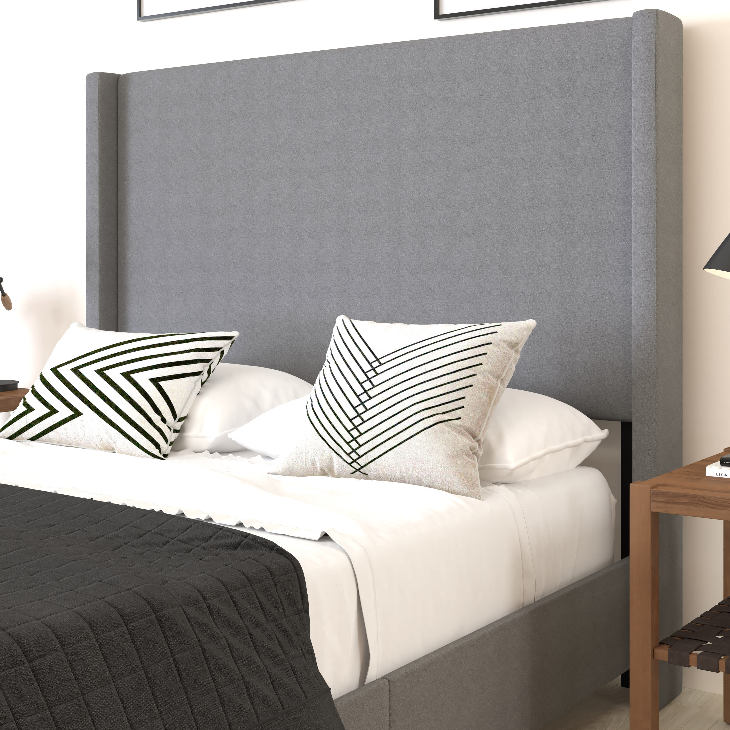 Merrick Lane Modern Queen Size Platform Bed Frame with Padded Faux Linen Upholstered Wingback Headboard and Wood Support Slats in Gray