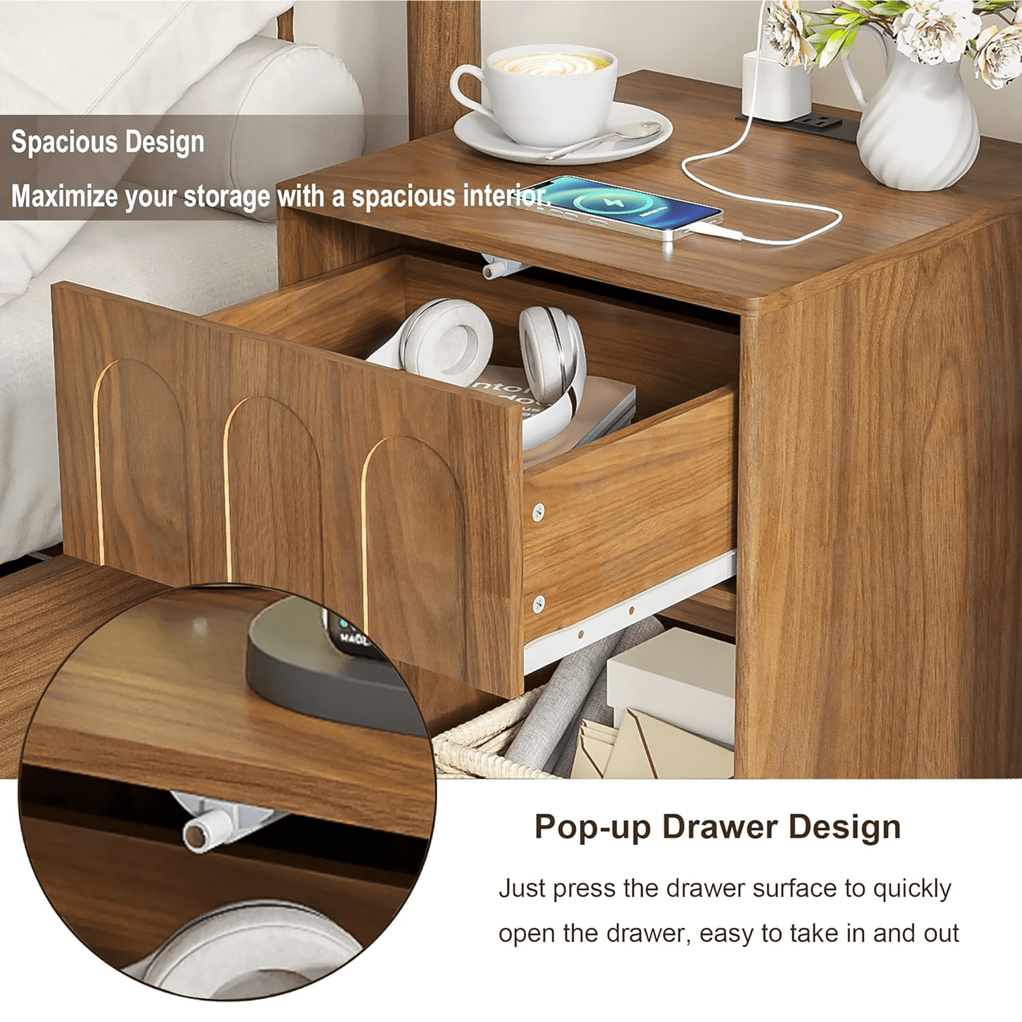 Nightstand Set of 2 with Drawer Storage, Mid-Century End Tables Side Tables for Bedroom, Living Room, Walnut