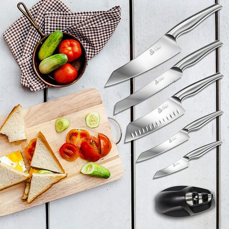 hecef Kitchen Knife Block Set, 14 Pieces Knife Set with Wooden Block &  Sharpener Steel & All-purpose Scissors, High Carbon Stainless Steel Cutlery