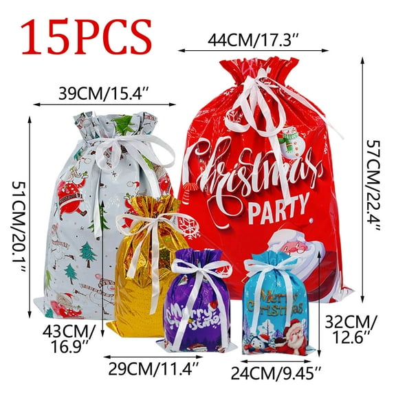 Beautynvta 15 Pcs Christmas Gift Bags with Drawstring, Assorted Sizes Large Medium Small Plastic Foil Packaging Bag Gift Bag Candy Storage Bag for Gifts Wrapping Xmas Party Favors
