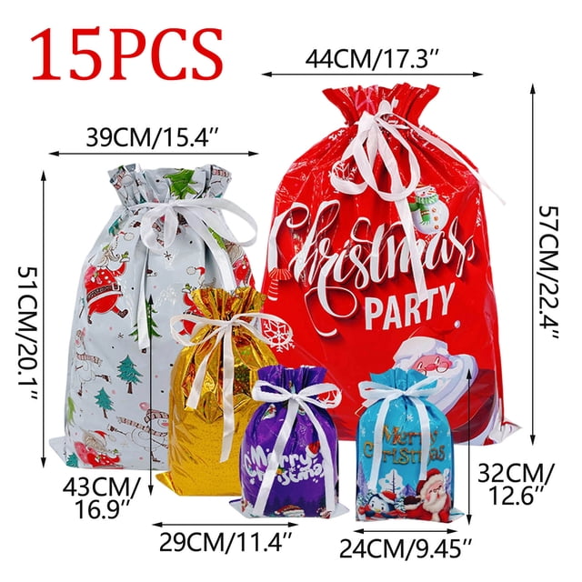 Christmas Drawstring Gift Bags Set - 15pcs Colorful Drawstring Foil Bags Featuring Festive Christmas Designs
