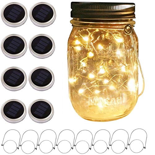 Solar Mason Jar Lid String Lights, 8 Pack 20 Led String Fairy Star Firefly Jar Lids Lights with 8 Hangers Included (Jars Not Included), for Mason Jar Patio Garden Wedding Lantern