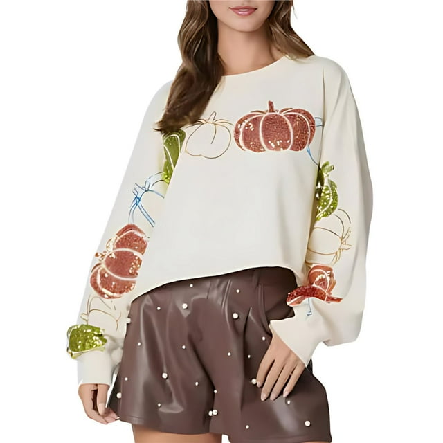 Sudadera de Halloween con Lentejuelas para Mujer, Larga, Purpurina Brillante, Calabaza, Fantasma, Suéter Feo de Halloween. Lechoso XL