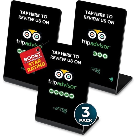 TripAdvisor NFC Review Card - Digital Business Signage, Acrylic Desk Display, Customizable NFC Tag for Effortless Feedback Collection, Quick Activation, Small Business Compatible - Black (Pack of 3)