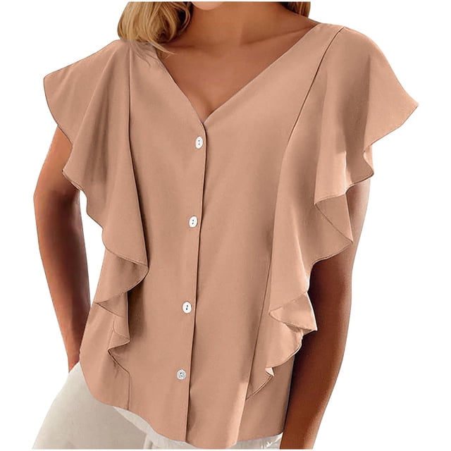Yanlir Women's Solid Color Casual Fashion Ruffle Sleeve V-Neck Short Sleeve Tops Work Trendy 2025 Loose Fits Basic(Pink,S)