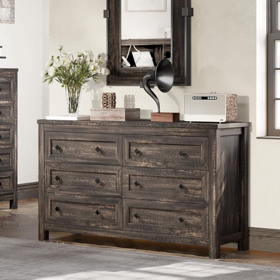 AMERLIFE 54" Wood Dresser with 6 Drawers, Storage Dresser & Farmhouse Chest of Drawers for Bedroom Furniture, Wide Drawer Organizer for Closet, Hallway, Dark Oak