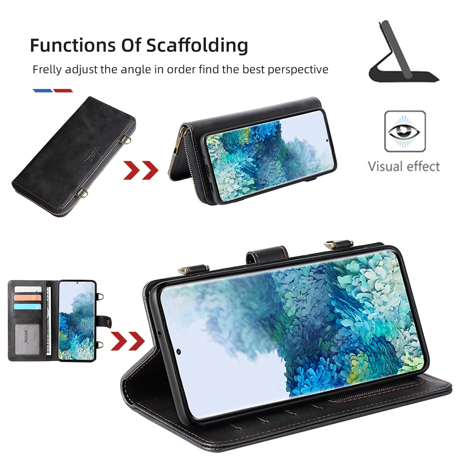 Galaxy S22 Wallet Case Premium Leather Flip Zipper Detachable Magnet Wallet Stand Card Holder Case with Crossbody Lanyard Strap Zipper Pocket Cover for Samsung Galaxy S22 6.1 inch 2022,Black
