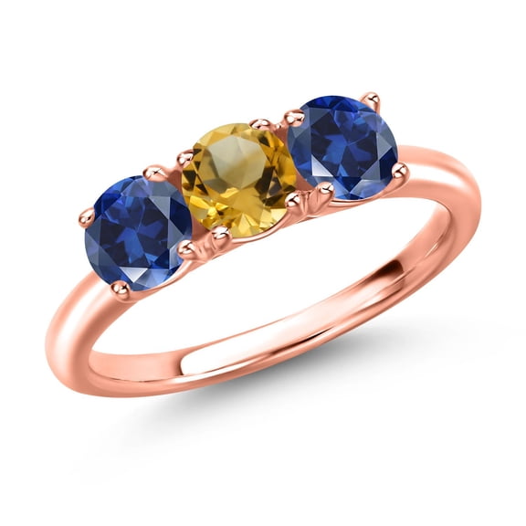 Gem Stone King 18K Rose Gold Plated Silver Yellow Citrine and Blue Created Sapphire Engagement Ring for Women | 1.65 Cttw | Round 5MM | Gemstone November Birthstone | Size 8