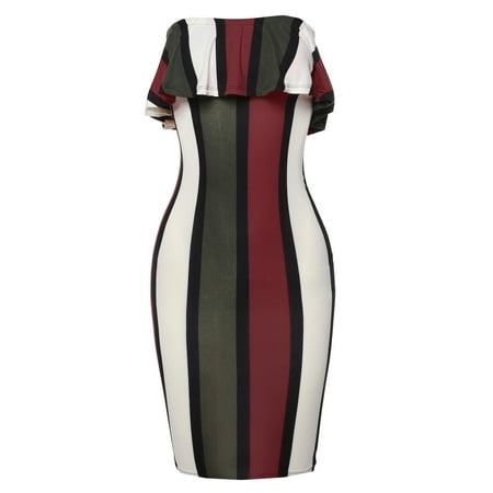 Yellow Soft Dress FashionOutfit Women's Casual Sexy Soft Stretchable Off Shoulder Frill Striped Midi Dress ()