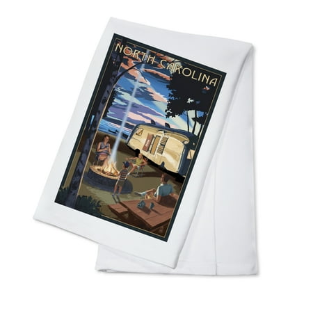 

North Carolina Retro Camper and Lake (100% Cotton Tea Towel Decorative Hand Towel Kitchen and Home)