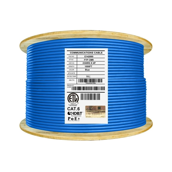Elite Cat6 Shielded Riser (CMR), 1000ft, 550MHz, 23AWG, F/UTP, Solid Bare Copper, UL Certified, UL-LP Certification, Bulk Ethernet Cable Reel, Blue