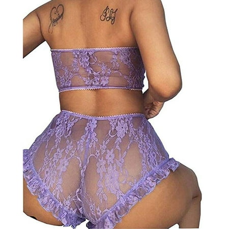 

UoCefik Women Sexy Lingerie Eyelash Lace 2 Piece Off the Shoulder Babydoll Solid See Through Sexy Bra and Panty Sets